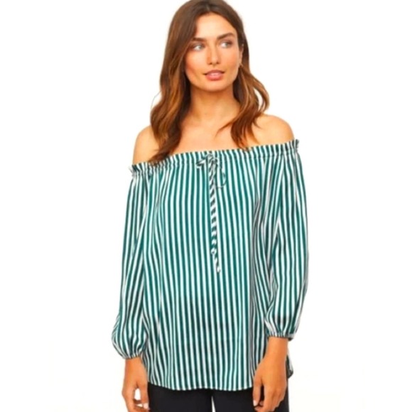 H&M Green Stripe Off-the-Shoulder Top Size 12 - Picture 1 of 12